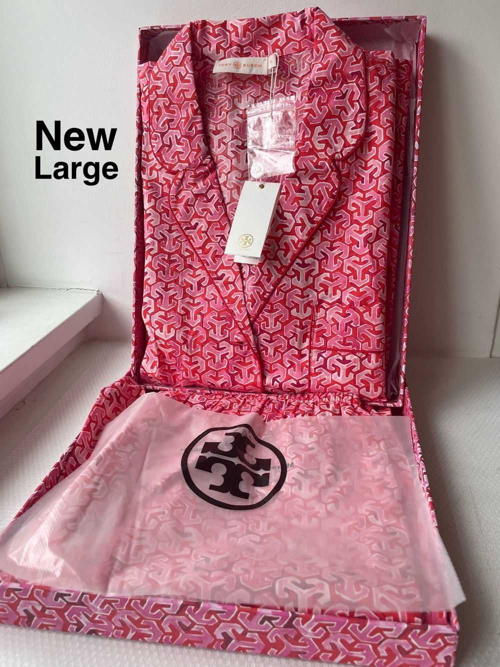 NEW TORY BURCH Leanne Cotton Pajamas 1 Set 2 Pcs size Large pink & box ⭐️⭐️⭐️⭐️
